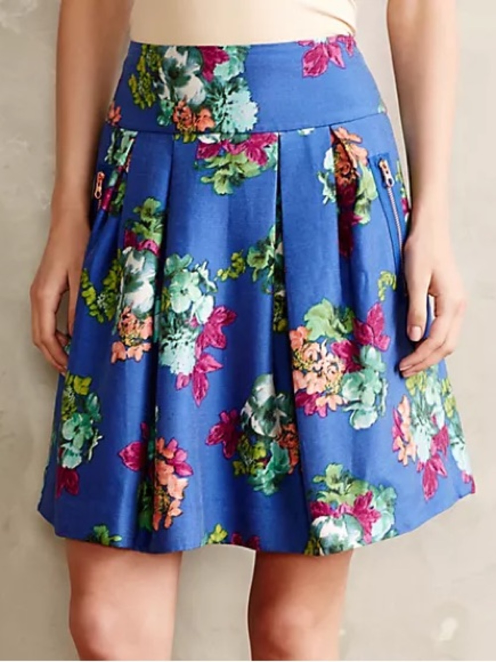Anthropologie Maeve Blue Floral Circle Skirt with Gold Zippers